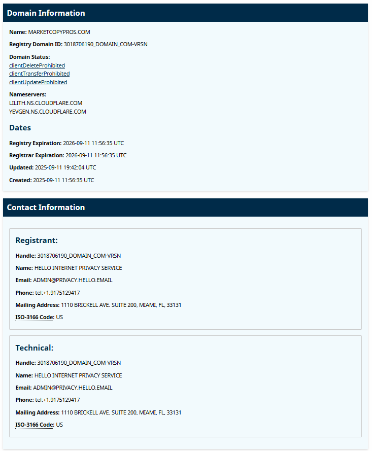 ICANN Lookup registration data for the Market Copy Pros domain