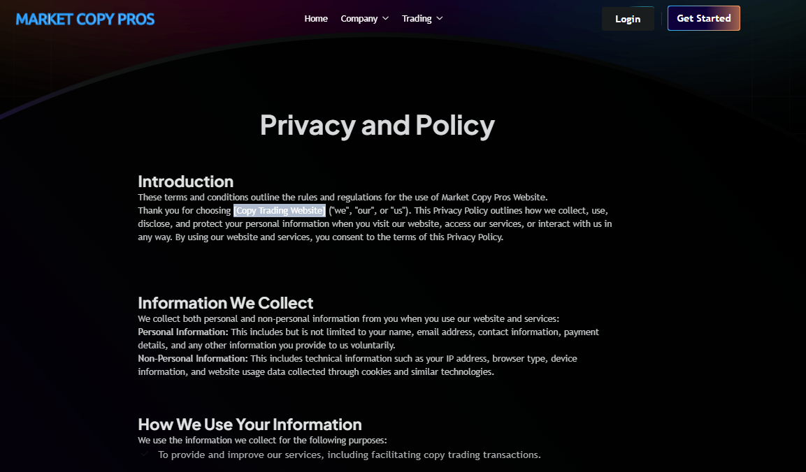 Market Copy Pros Privacy Policy containing the Copy Trading Website template placeholder