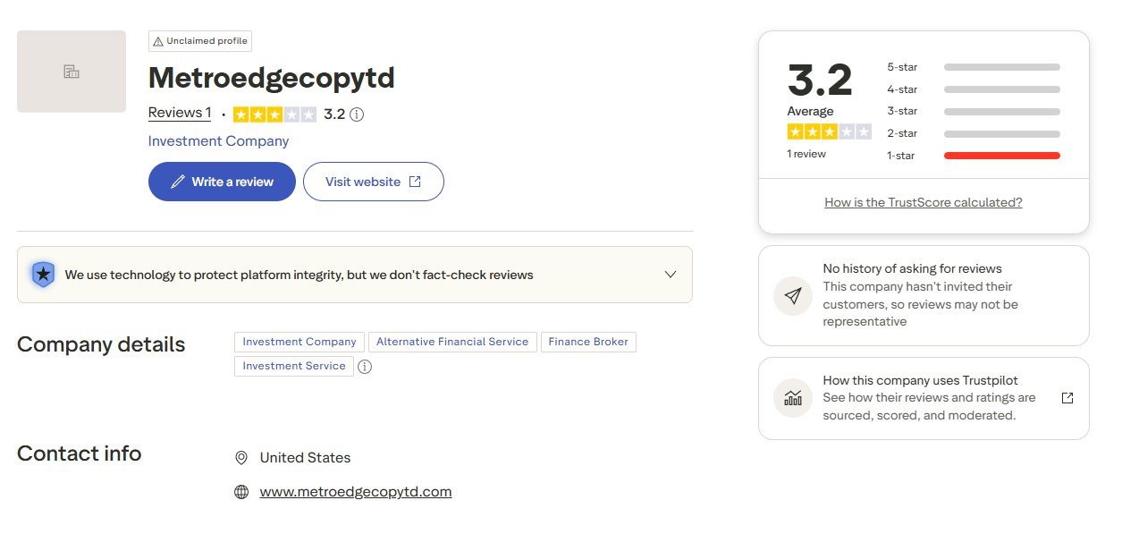 Trustpilot page showing a 3.2 rating