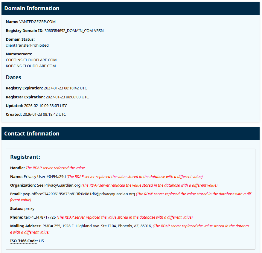 ICANN Lookup data for the domain vantedgegrp.com