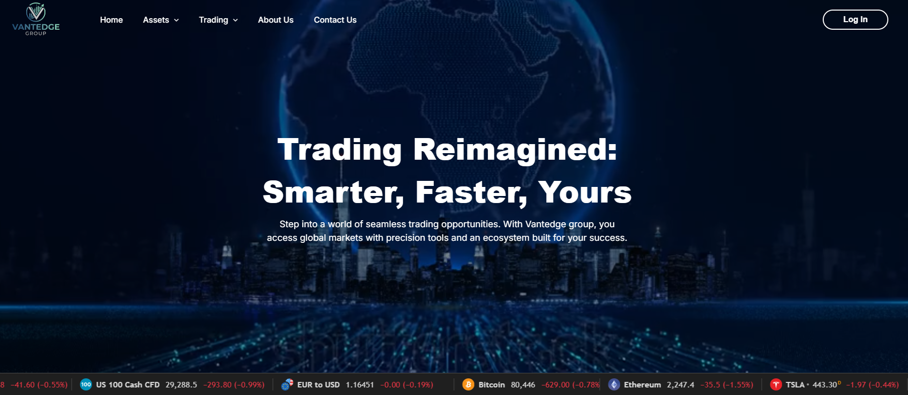 Main page of the Vantedge Group website with a description of the trading platform and marketing claims about financial services