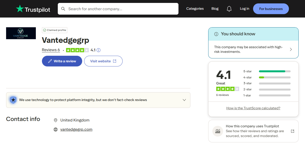Trustpilot page with reviews of vantedgegrp.com, a 4.1 out of 5 rating, six reviews, and a warning about a possible connection to high-risk investments