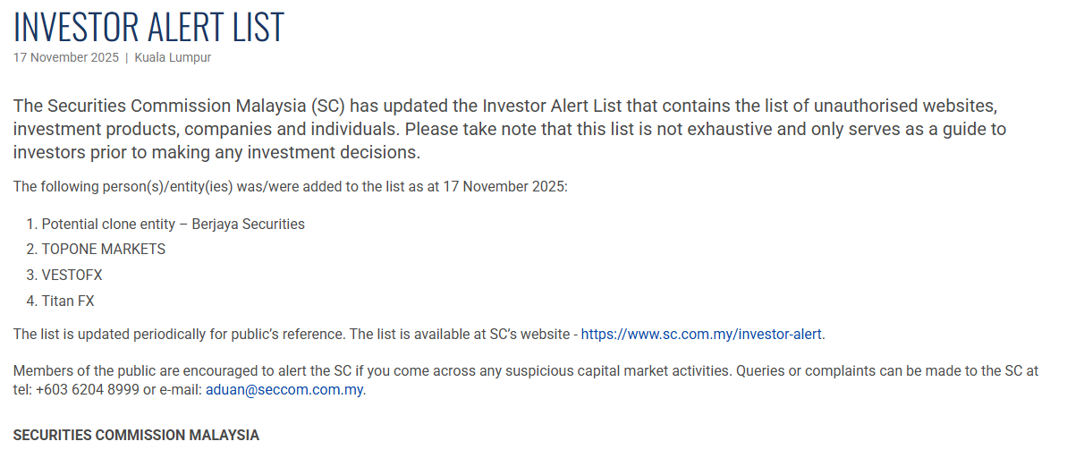Securities Commission Malaysia warning for VESTOFX