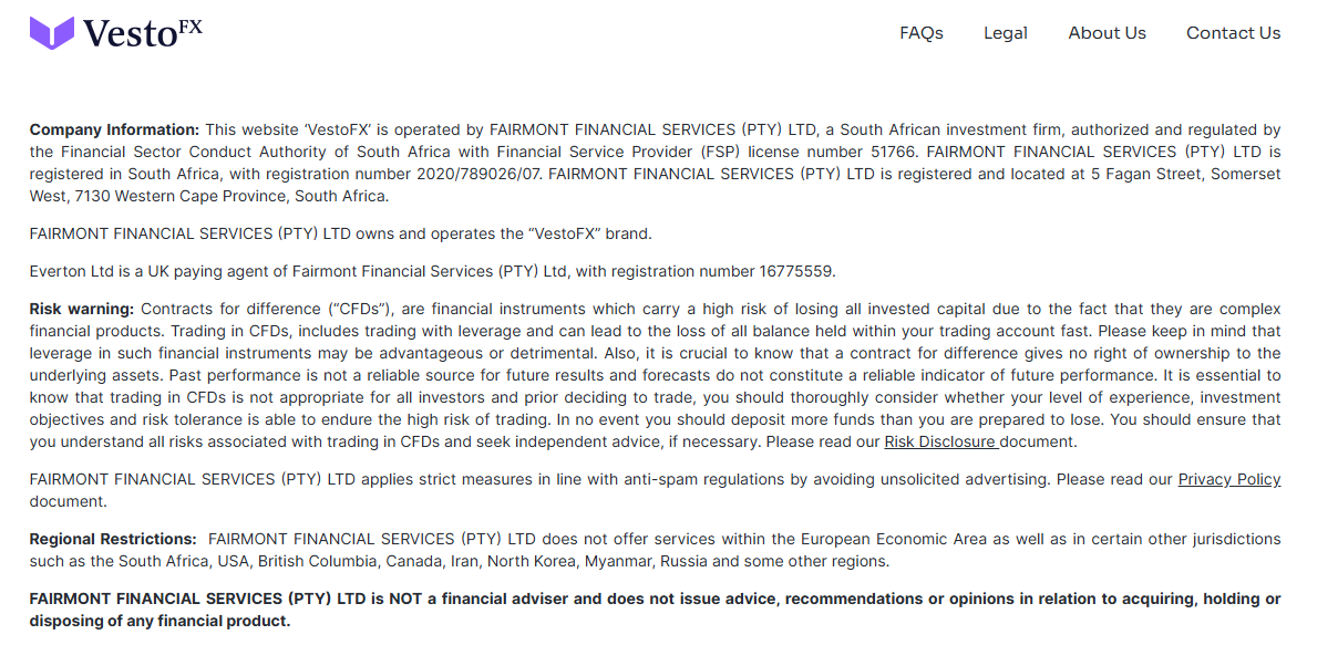legal footer of the VestoFX website showing linked companies