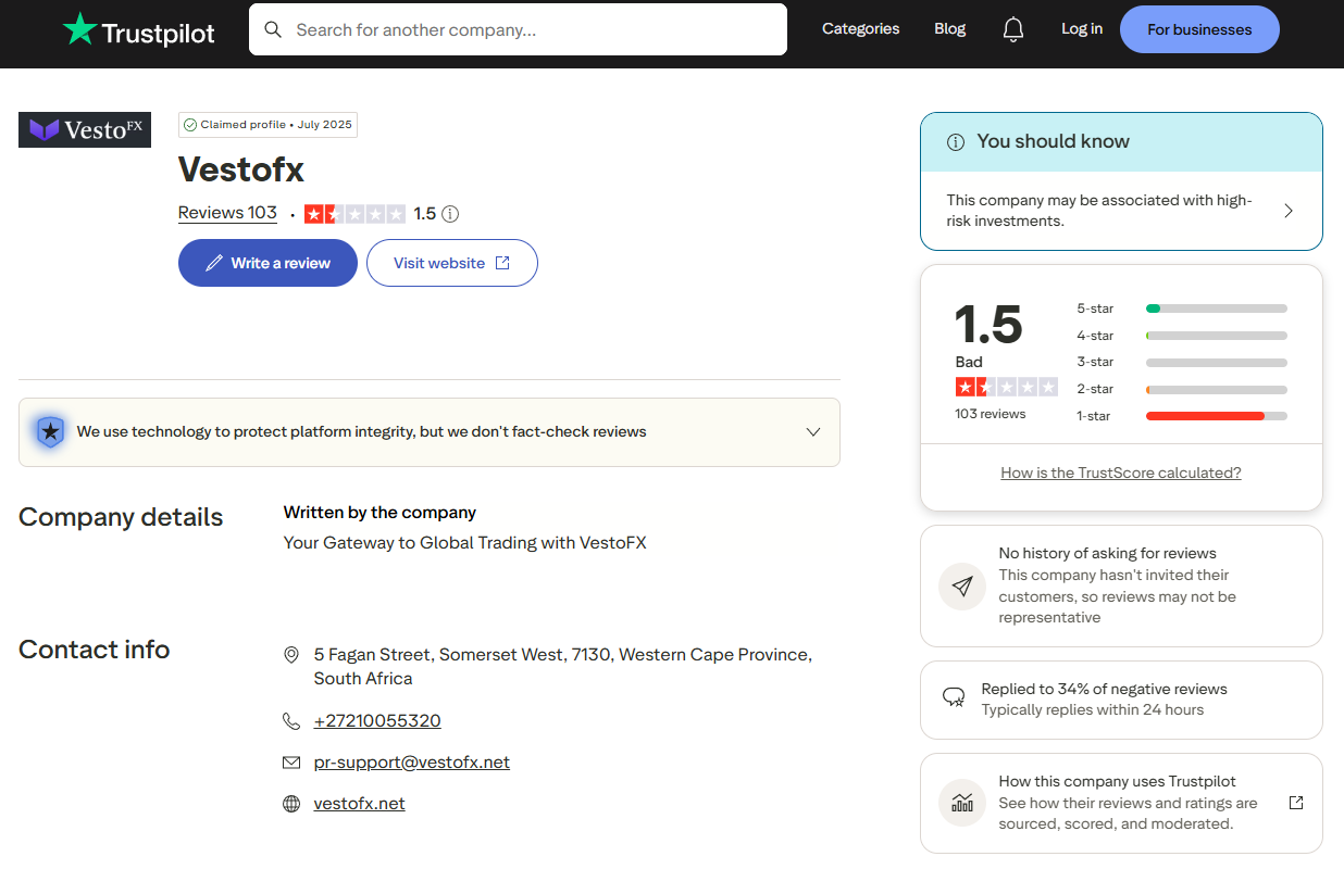 VestoFX reviews on Trustpilot with a low vestofx.net rating