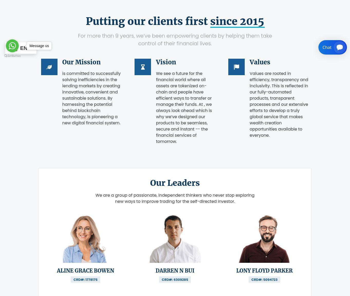 About page: claim of operating since 2015 and the section naming the executives.