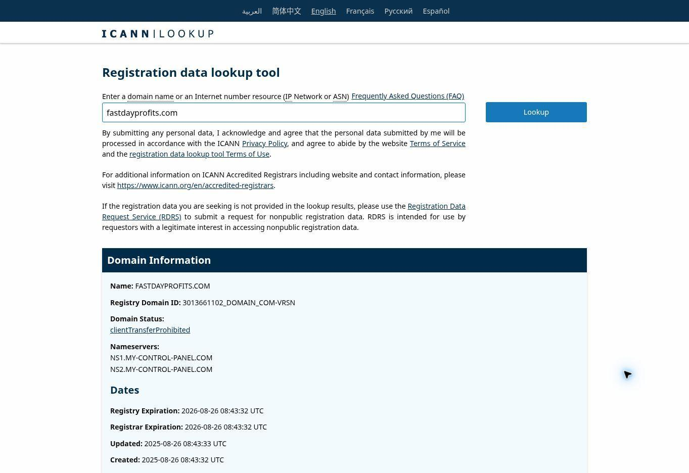 ICANN Lookup: domain creation date and principal registration details.